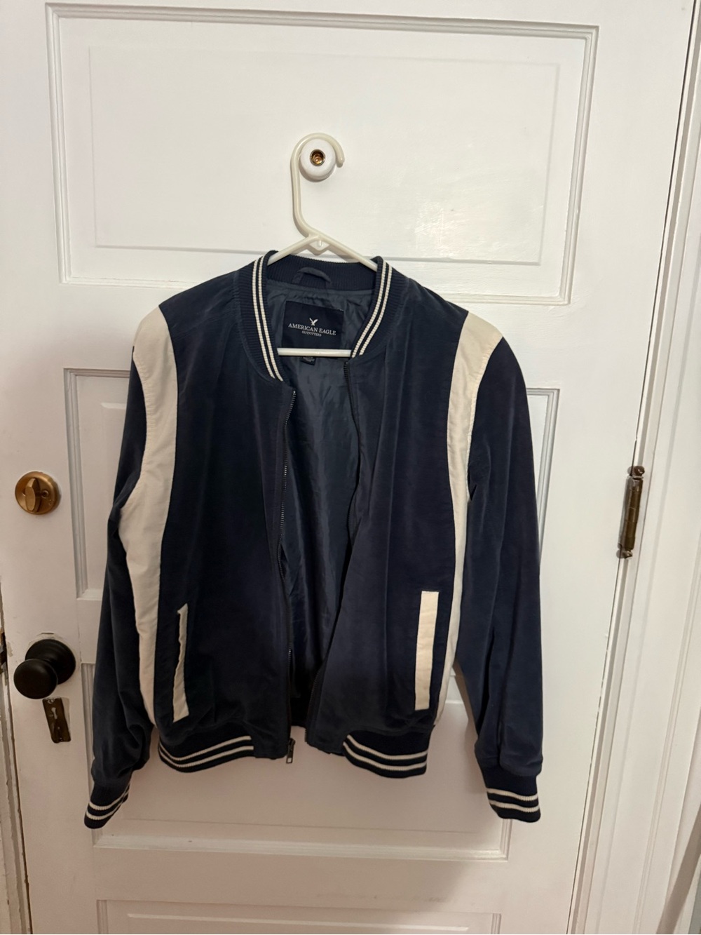 American Eagle Outfitters Navy and White Varsity Bomber Jacket